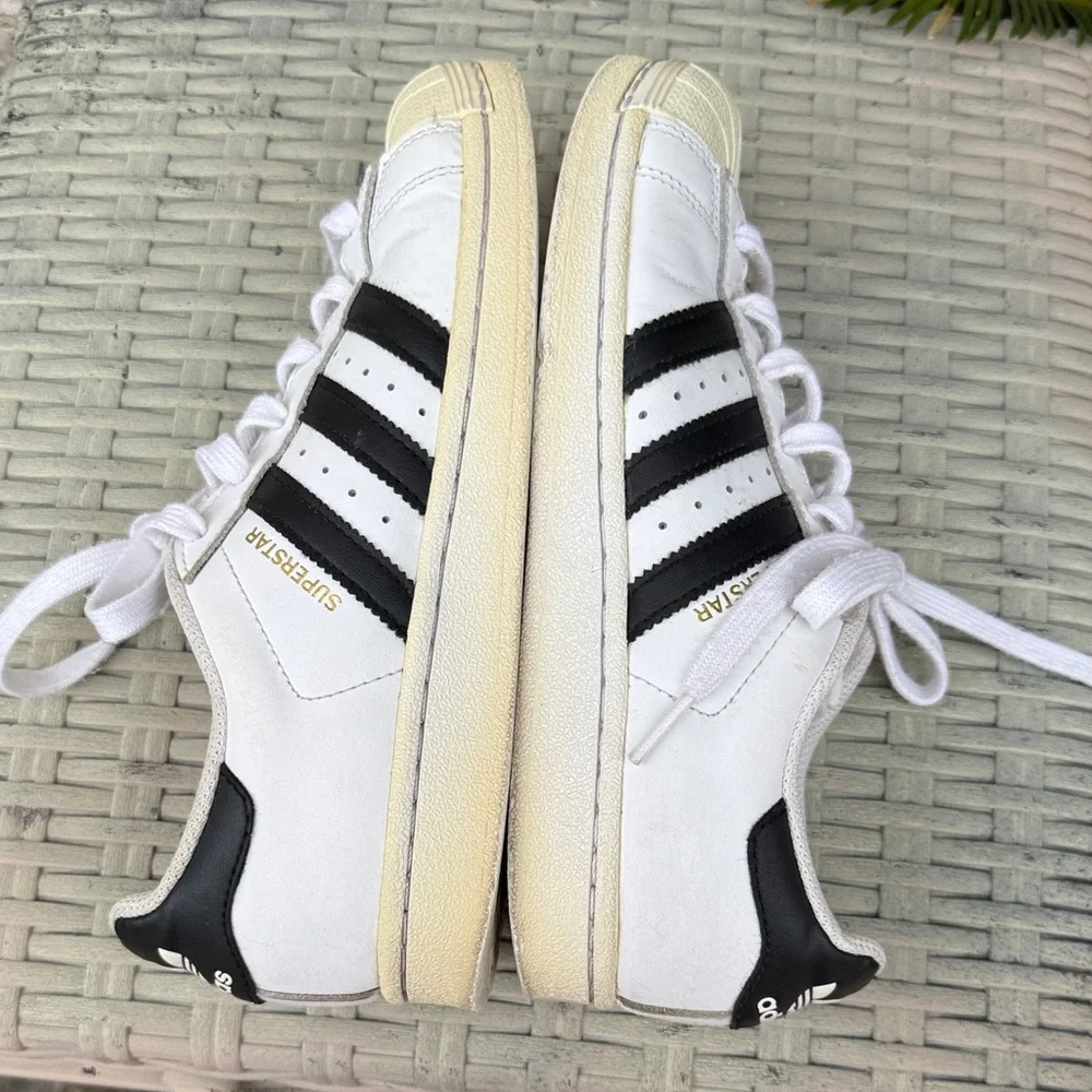 Adidas Superstar White and Black Sneakers with Cream Accents Size 5